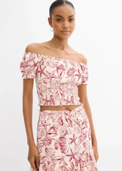 bonprix Blouse à encolure Bardot, 100% coton|Femme Chemisiers