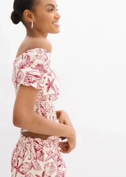 bonprix Blouse à encolure Bardot, 100% coton|Femme Chemisiers