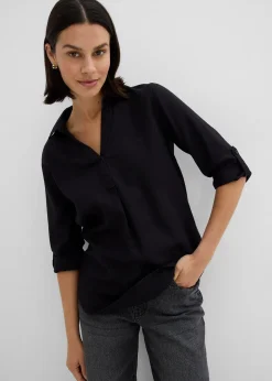 bonprix Blouse en lin mélangé, manches 3/4|Femme Chemisiers