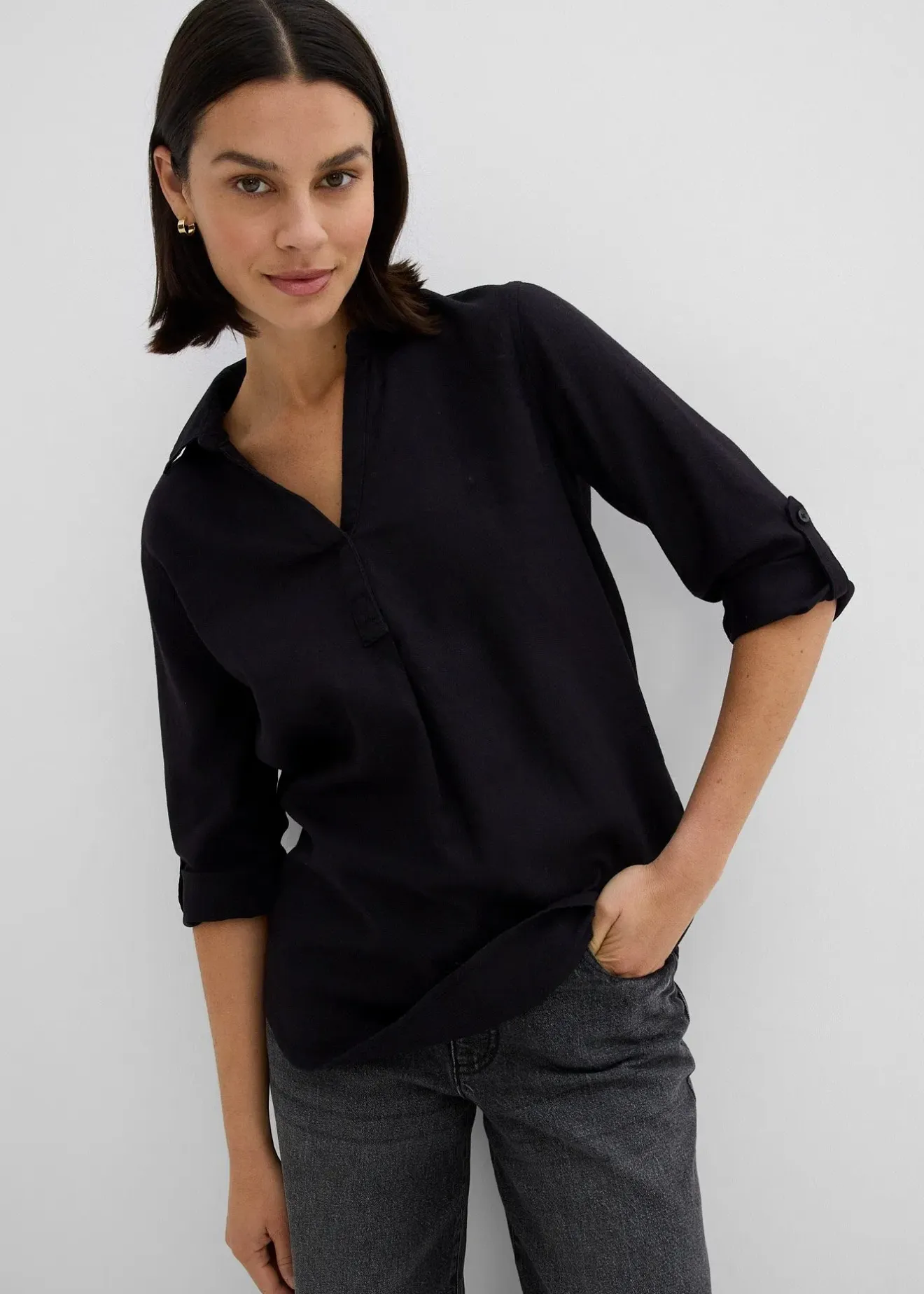 bonprix Blouse en lin mélangé, manches 3/4|Femme Chemisiers