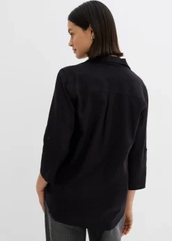 bonprix Blouse en lin mélangé, manches 3/4|Femme Chemisiers