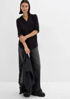 bonprix Blouse en lin mélangé, manches 3/4|Femme Chemisiers