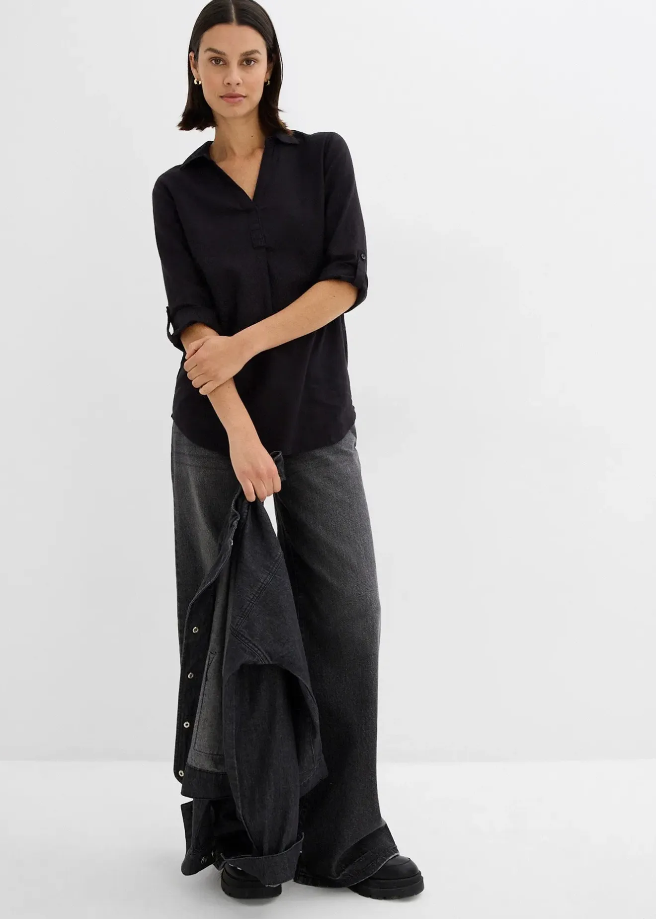 bonprix Blouse en lin mélangé, manches 3/4|Femme Chemisiers