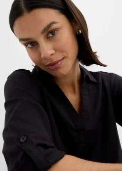 bonprix Blouse en lin mélangé, manches 3/4|Femme Chemisiers