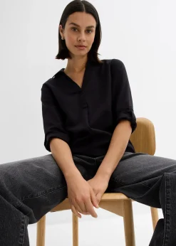 bonprix Blouse en lin mélangé, manches 3/4|Femme Chemisiers