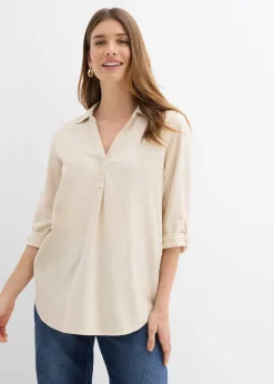 Femme bonprix Chemisiers|Blouse en lin mélangé, manches 3/4