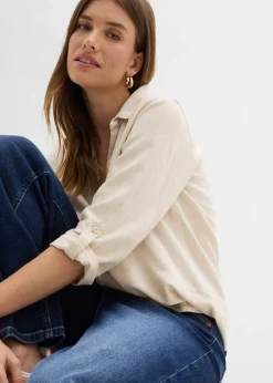 Femme bonprix Chemisiers|Blouse en lin mélangé, manches 3/4