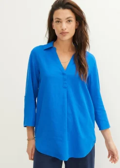bonprix Blouse en lin mélangé, manches 3/4|Femme Chemisiers