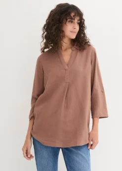 Femme bonprix Chemisiers|Blouse en lin mélangé, manches 3/4