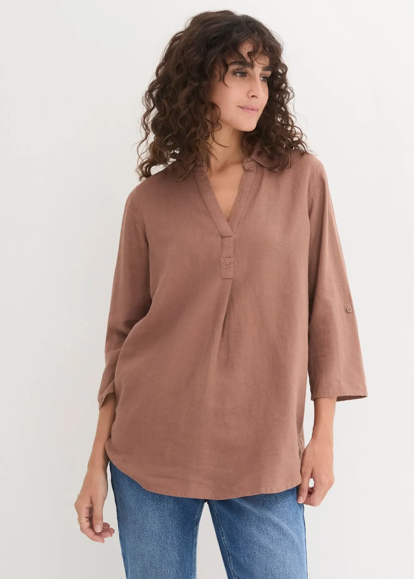 Femme bonprix Chemisiers|Blouse en lin mélangé, manches 3/4