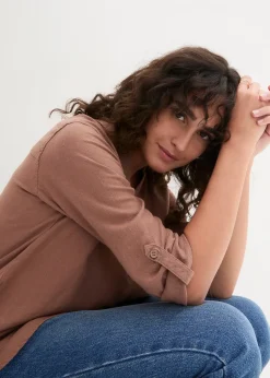 Femme bonprix Chemisiers|Blouse en lin mélangé, manches 3/4