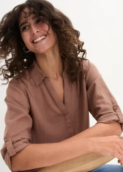 Femme bonprix Chemisiers|Blouse en lin mélangé, manches 3/4