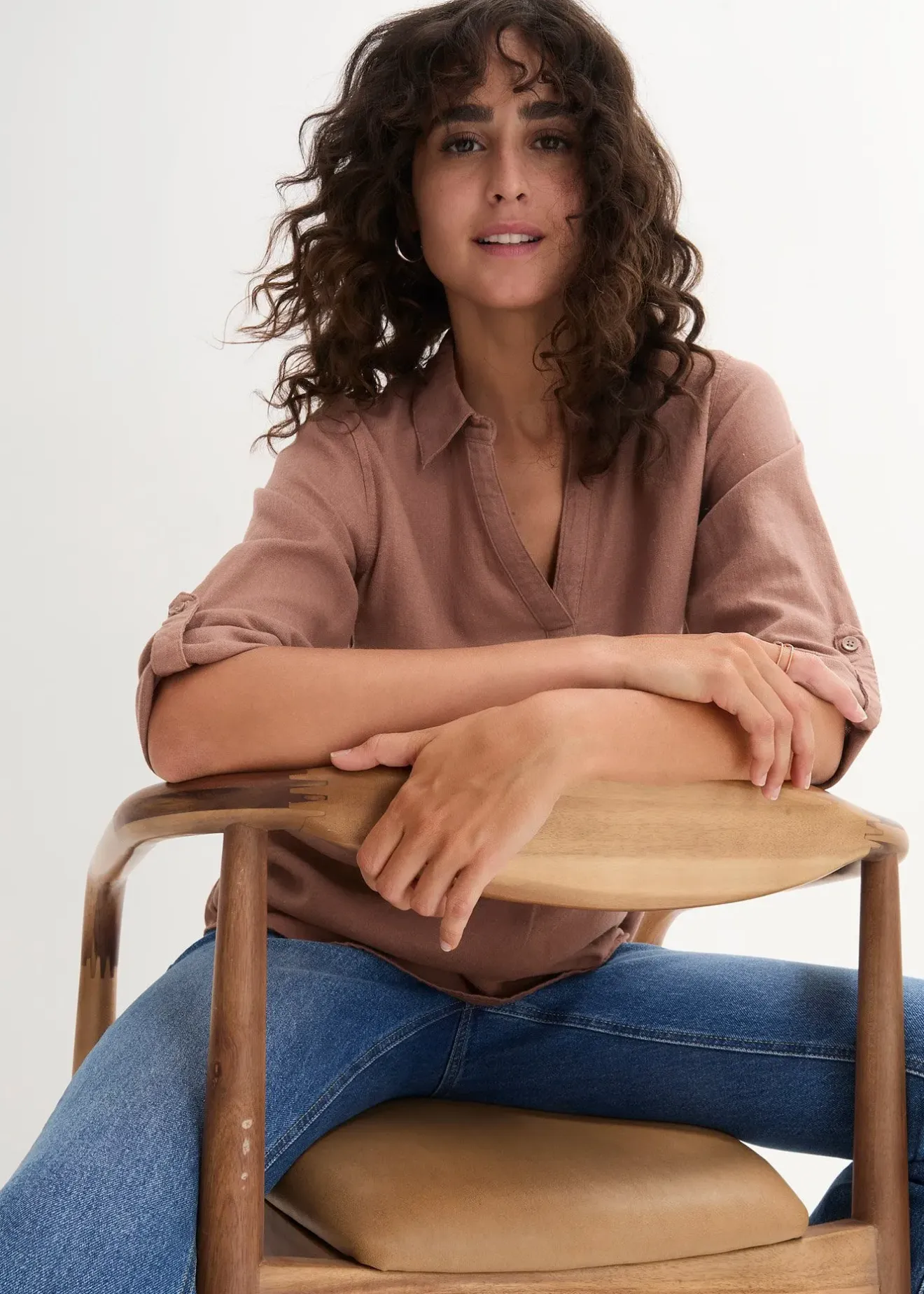 Femme bonprix Chemisiers|Blouse en lin mélangé, manches 3/4