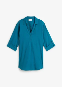 bonprix Blouse en lin mélangé, manches 3/4|Femme Chemisiers