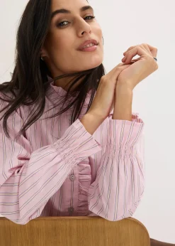 bonprix Blouse en popeline à col volanté|Femme Chemisiers