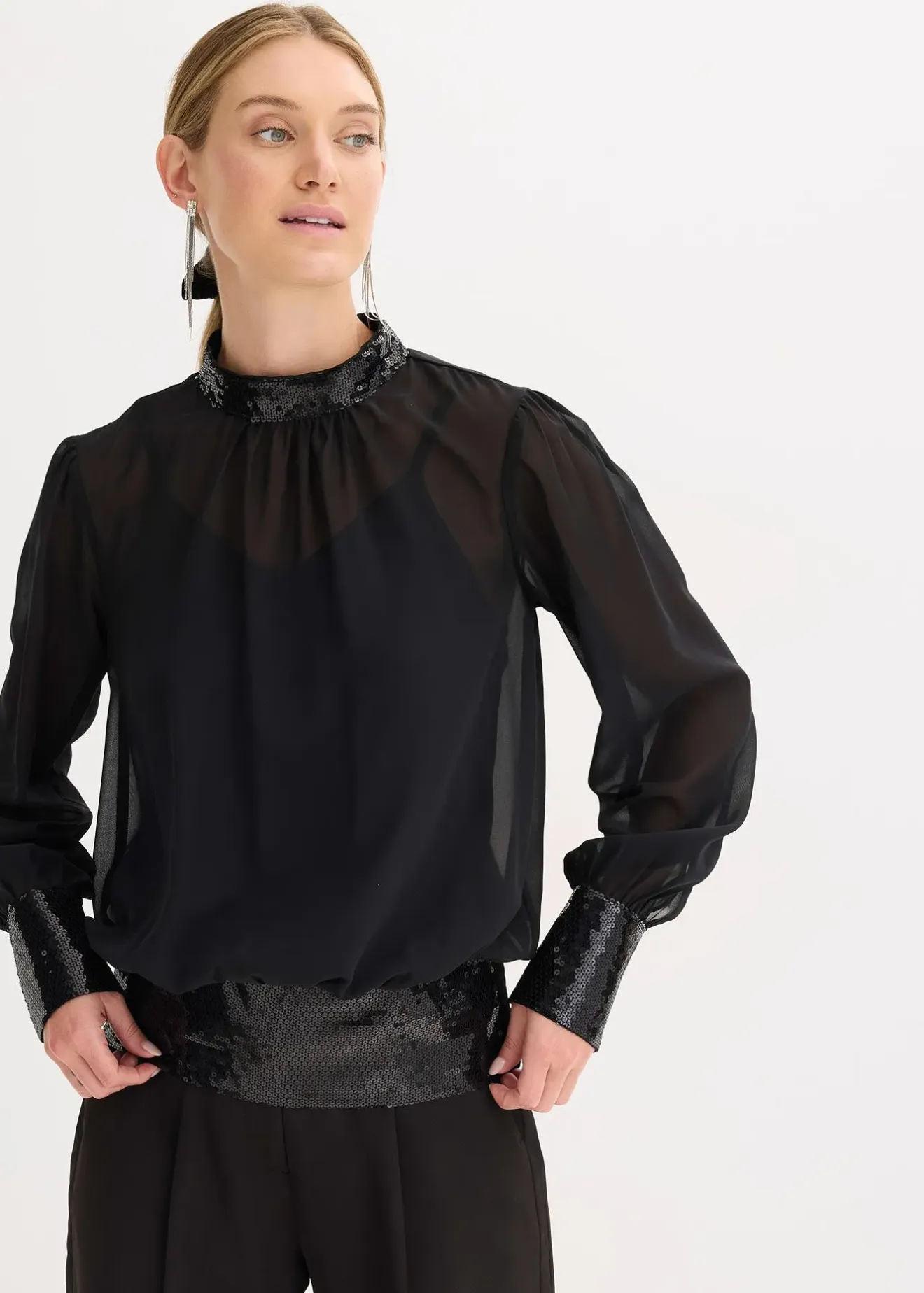 bonprix Blouse en tulle fin avec empiècements à sequins|Femme Mode Festive|Chemisiers