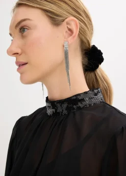 bonprix Blouse en tulle fin avec empiècements à sequins|Femme Mode Festive|Chemisiers