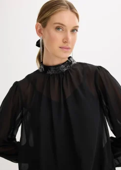 bonprix Blouse en tulle fin avec empiècements à sequins|Femme Mode Festive|Chemisiers