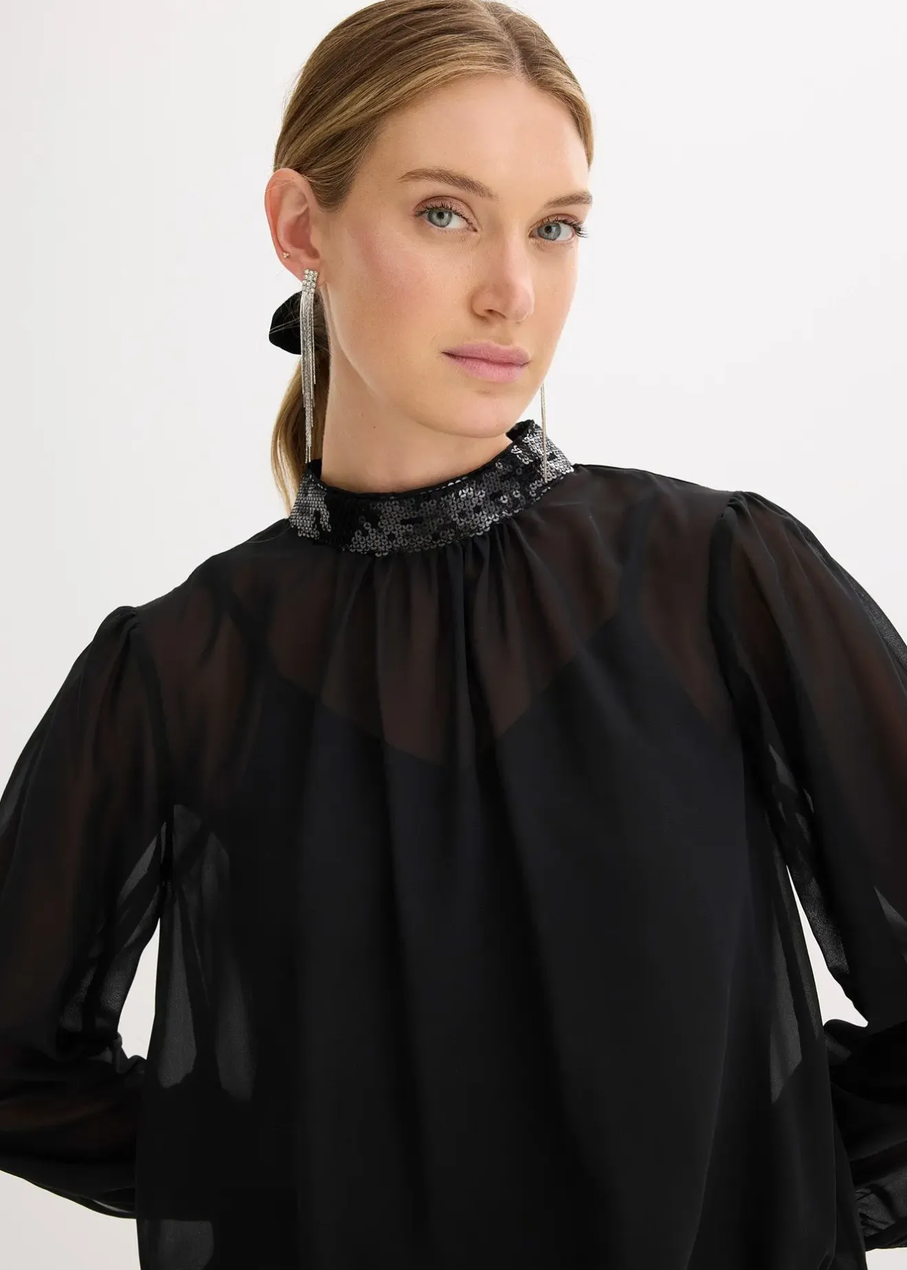 bonprix Blouse en tulle fin avec empiècements à sequins|Femme Mode Festive|Chemisiers