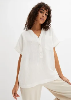 bonprix Blouse manches courtes en gaze de coton|Femme Chemisiers