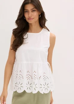 bonprix Blouse sans manches avec broderies anglaises, fendue sur les côtés|Femme Chemisiers|T-Shirts & Tops