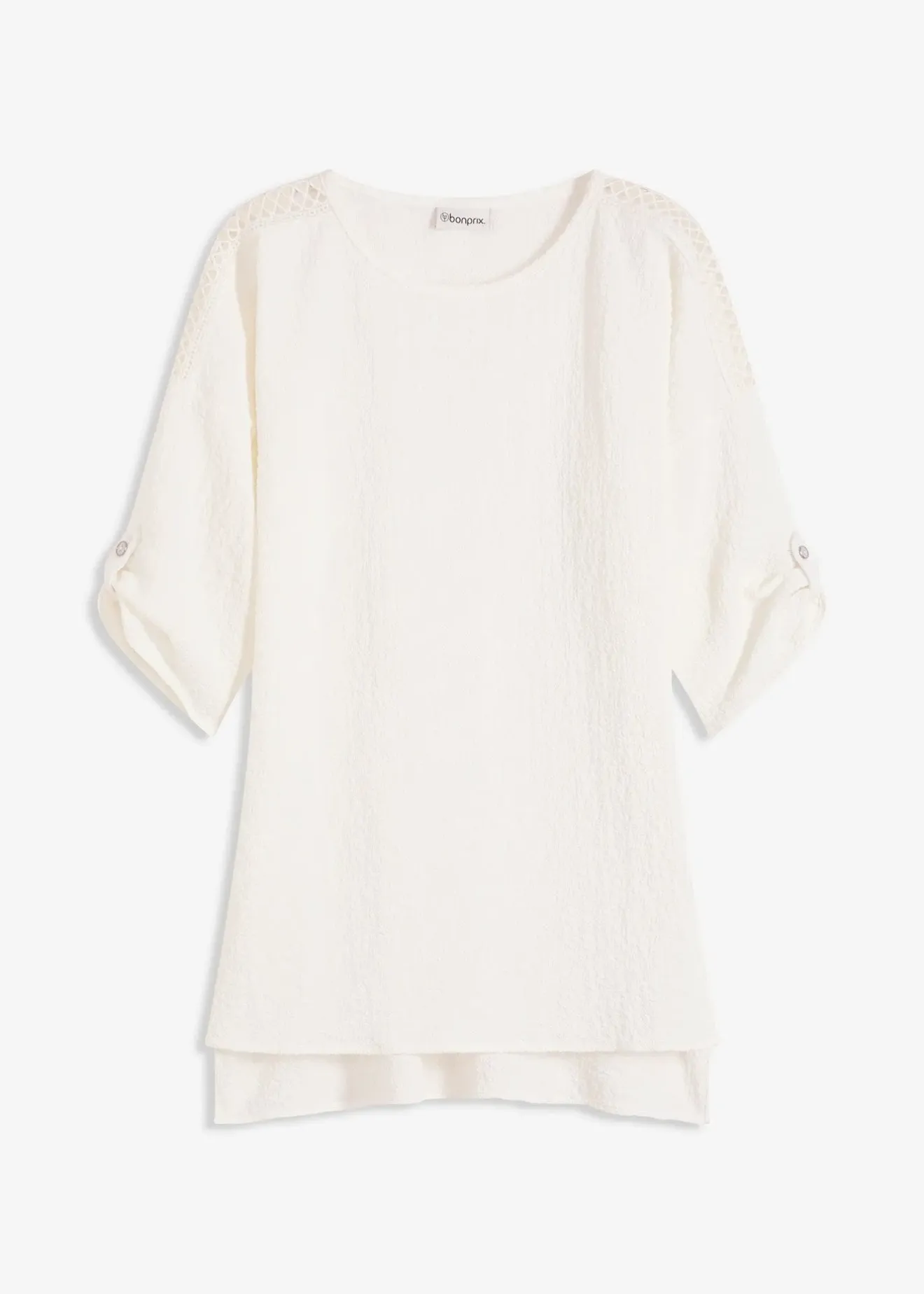 bonprix Blouse texturée avec bande de dentelle|Femme Chemisiers