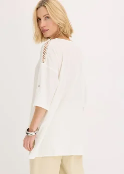 bonprix Blouse texturée avec bande de dentelle|Femme Chemisiers