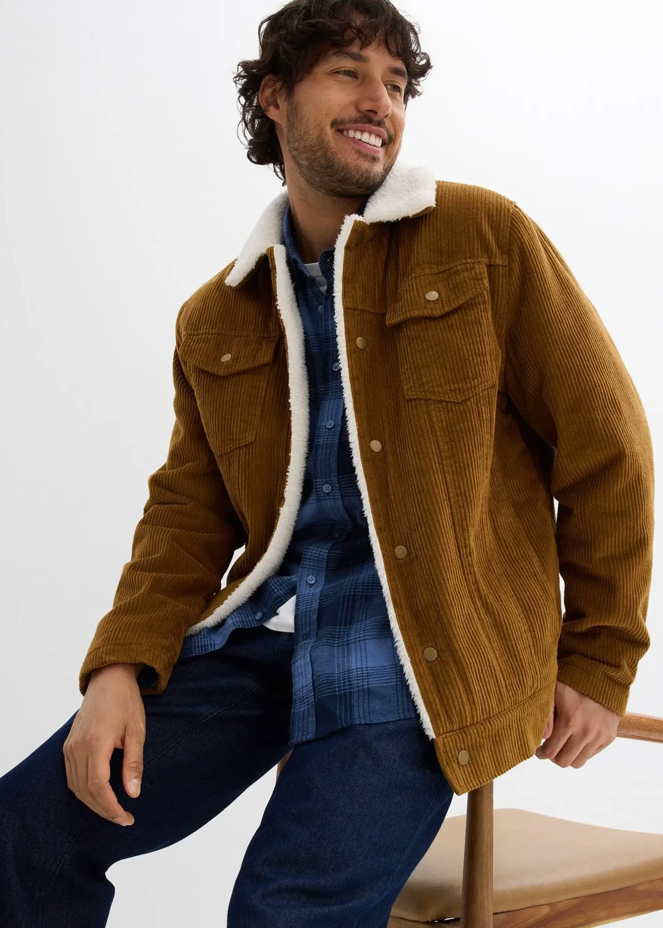 Homme bonprix Vestes|Blouson en velours côtelé doublé sherpa