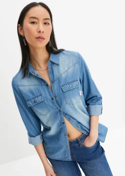 Femme bonprix Chemisiers|Chemise en jean avec boutons-pression, manches longues