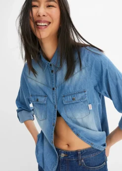 Femme bonprix Chemisiers|Chemise en jean avec boutons-pression, manches longues