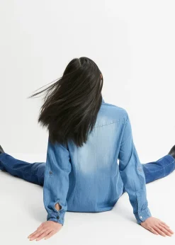 Femme bonprix Chemisiers|Chemise en jean avec boutons-pression, manches longues