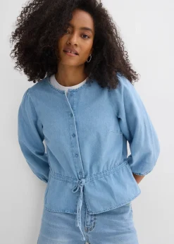 bonprix Chemisier en jean à manches bouffantes, coton|Femme Chemisiers