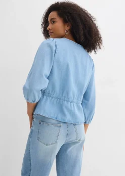 bonprix Chemisier en jean à manches bouffantes, coton|Femme Chemisiers