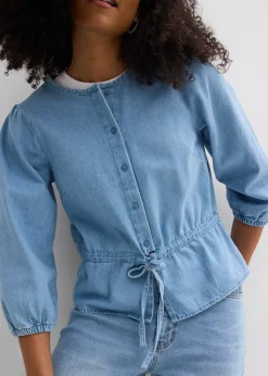 bonprix Chemisier en jean à manches bouffantes, coton|Femme Chemisiers