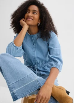 bonprix Chemisier en jean à manches bouffantes, coton|Femme Chemisiers