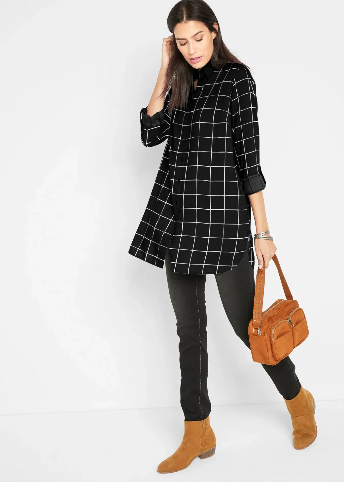 Femme bonprix Chemisiers|Chemisier long à carreaux, avec poches