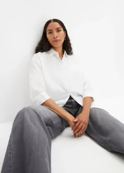 bonprix Chemisier oversize en coton, manches 3/4|Femme Chemisiers