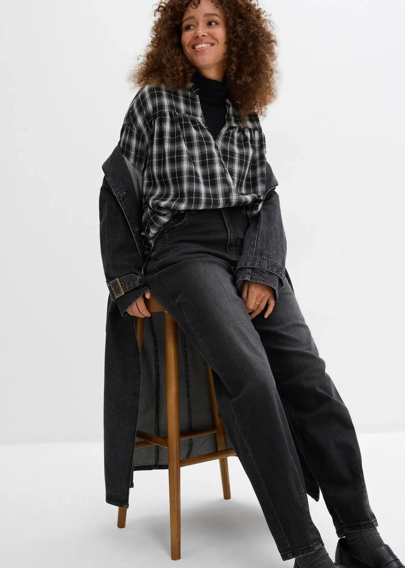 Femme bonprix Jeans|Jean barrel taille haute en coton