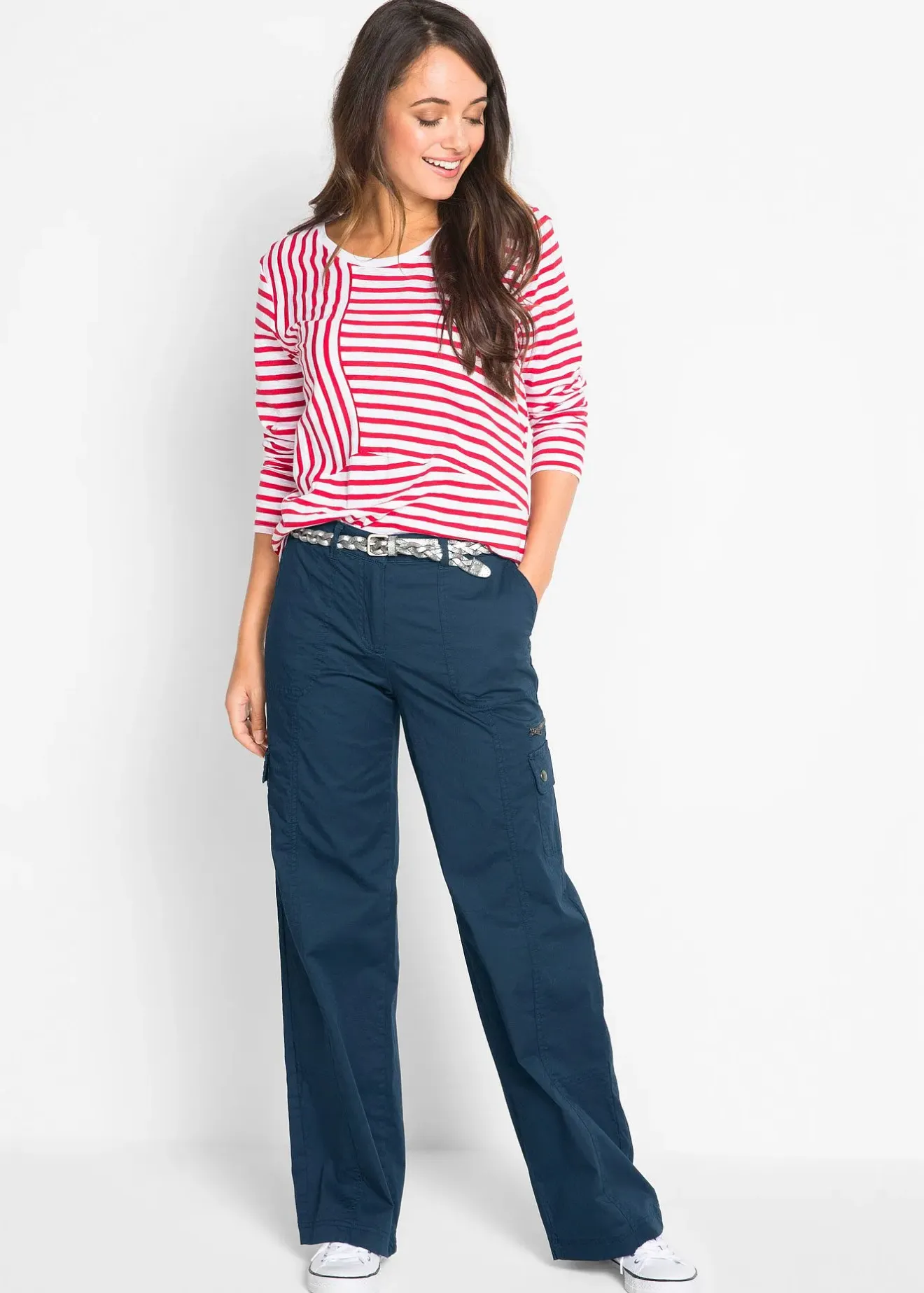 Femme bonprix Pantalons|Jean cargo en coton, taille mi-haute
