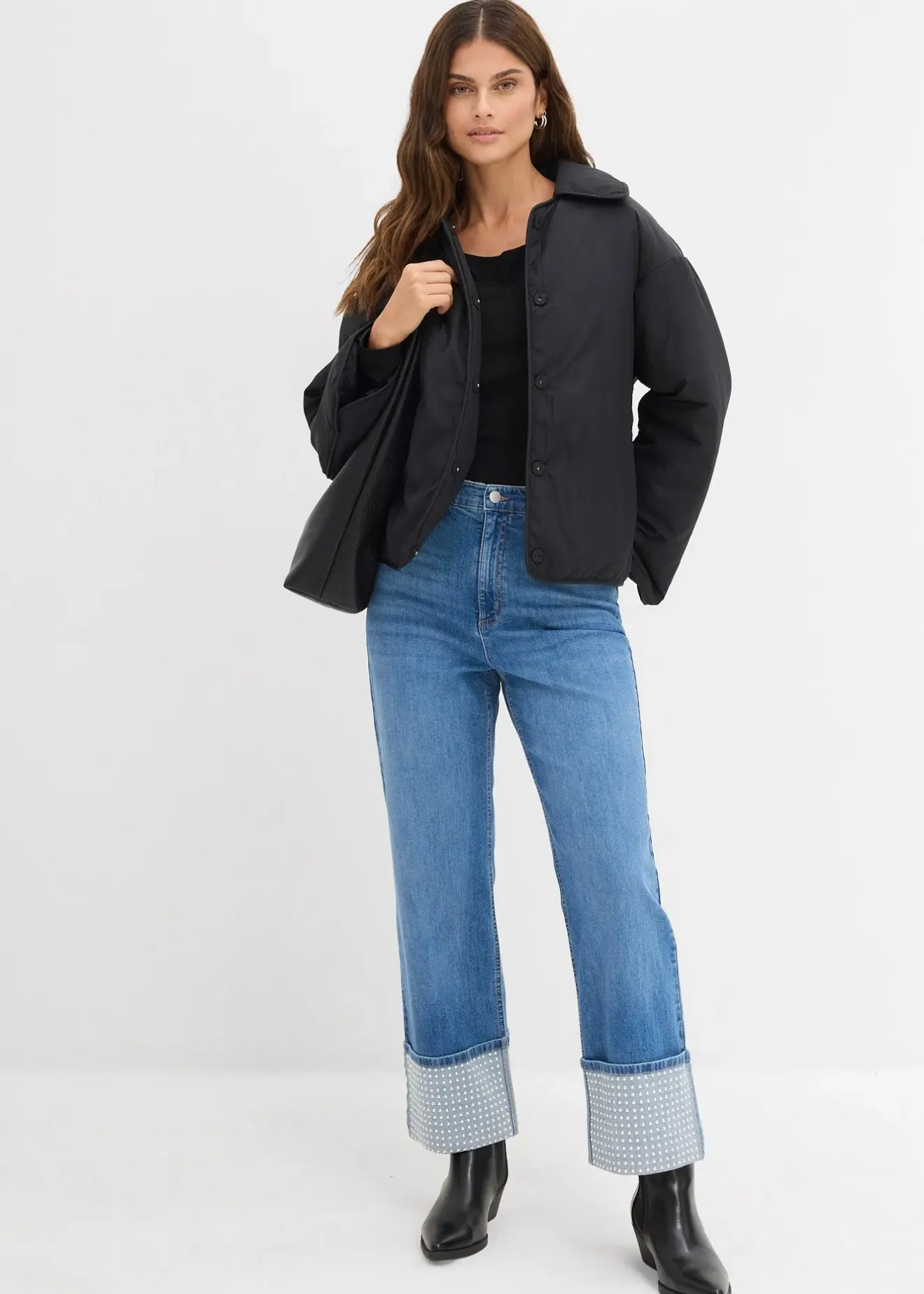 bonprix Jean droit à revers, taille haute|Femme Jeans