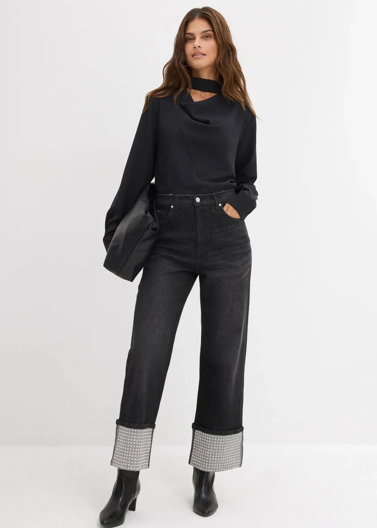 Femme bonprix Jeans|Jean droit à revers, taille haute