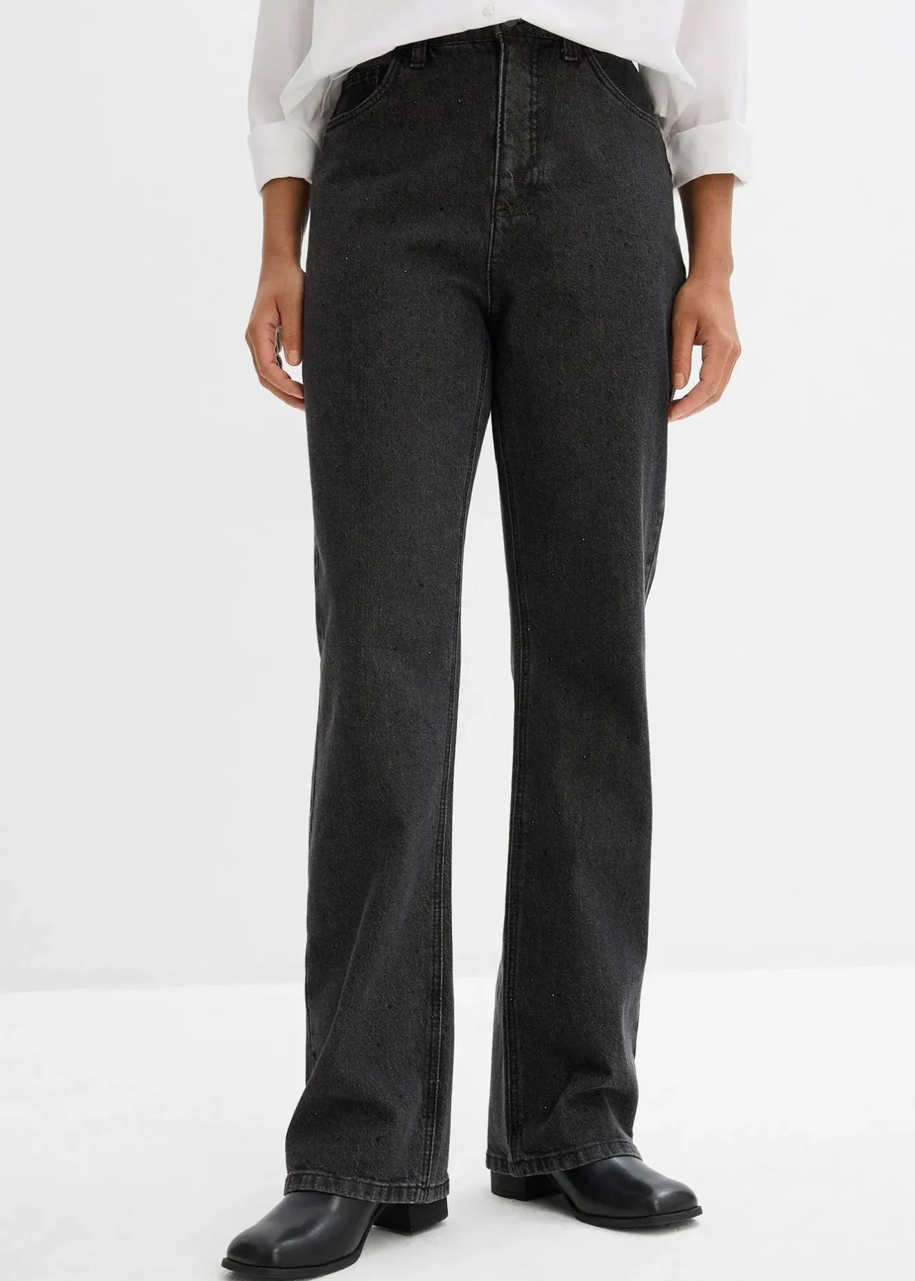 bonprix Jean droit loose, taille haute élastiquée avec strass|Femme Jeans