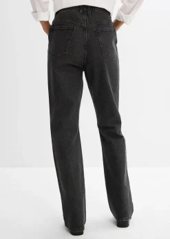 bonprix Jean droit loose, taille haute élastiquée avec strass|Femme Jeans