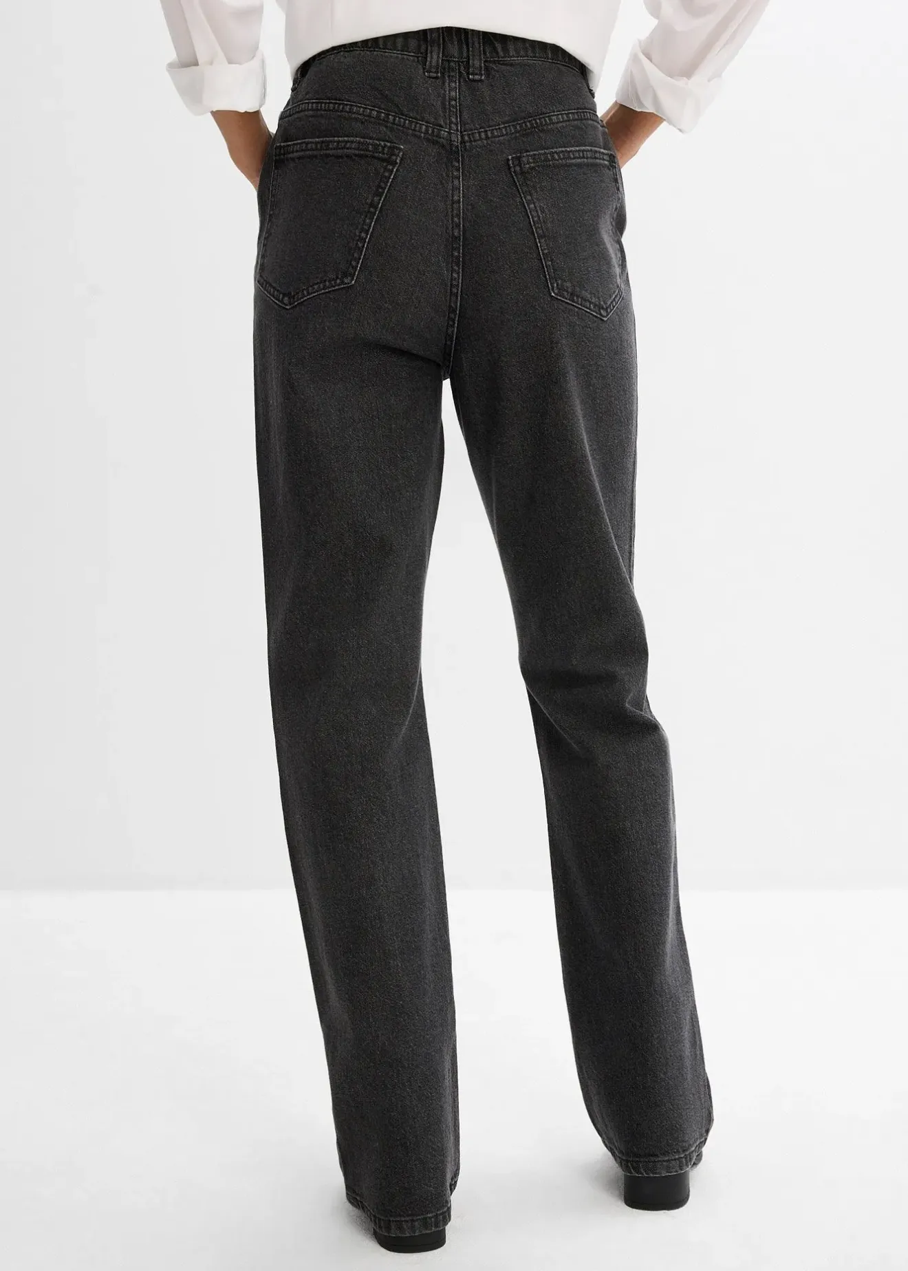 bonprix Jean droit loose, taille haute élastiquée avec strass|Femme Jeans