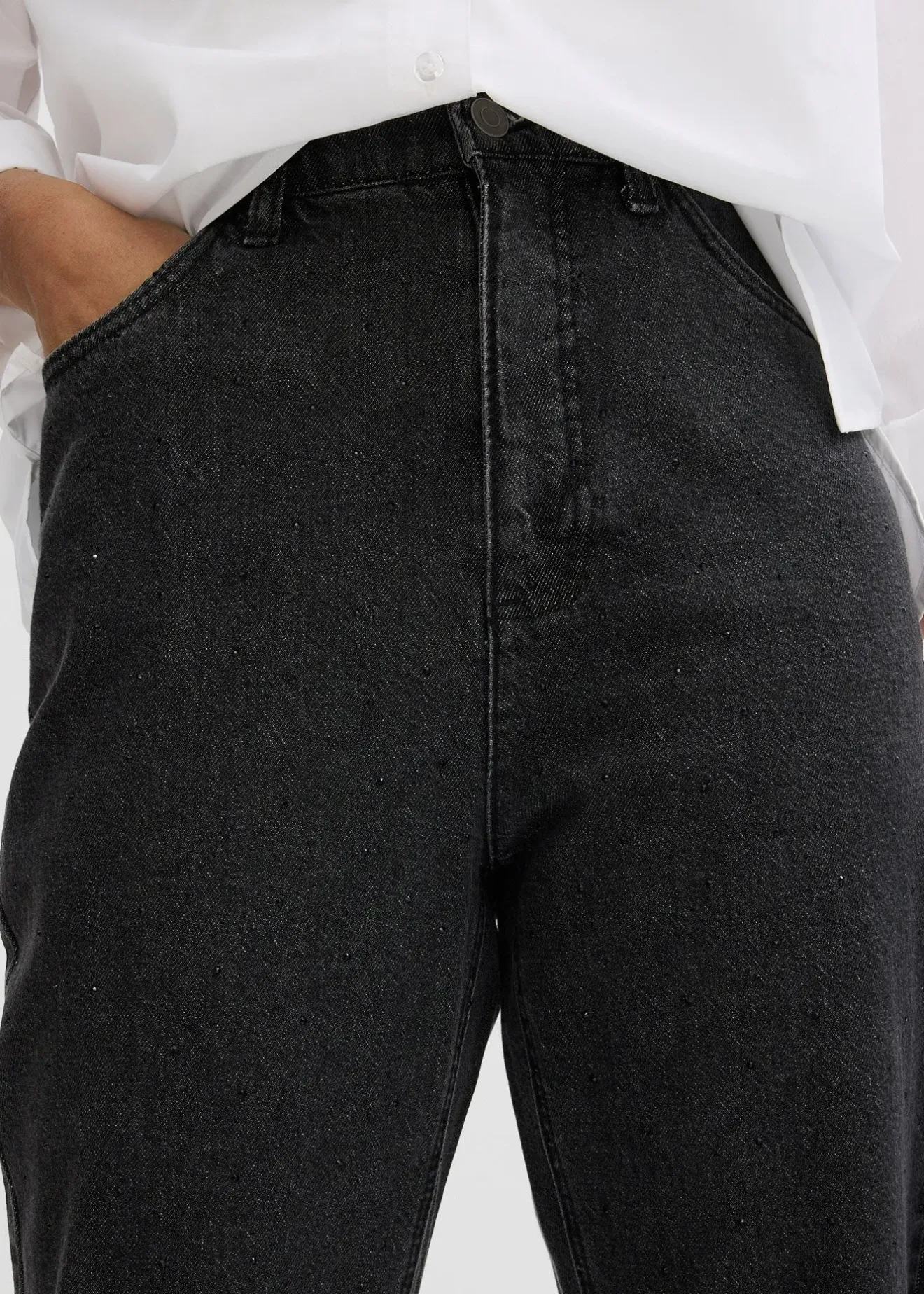 bonprix Jean droit loose, taille haute élastiquée avec strass|Femme Jeans