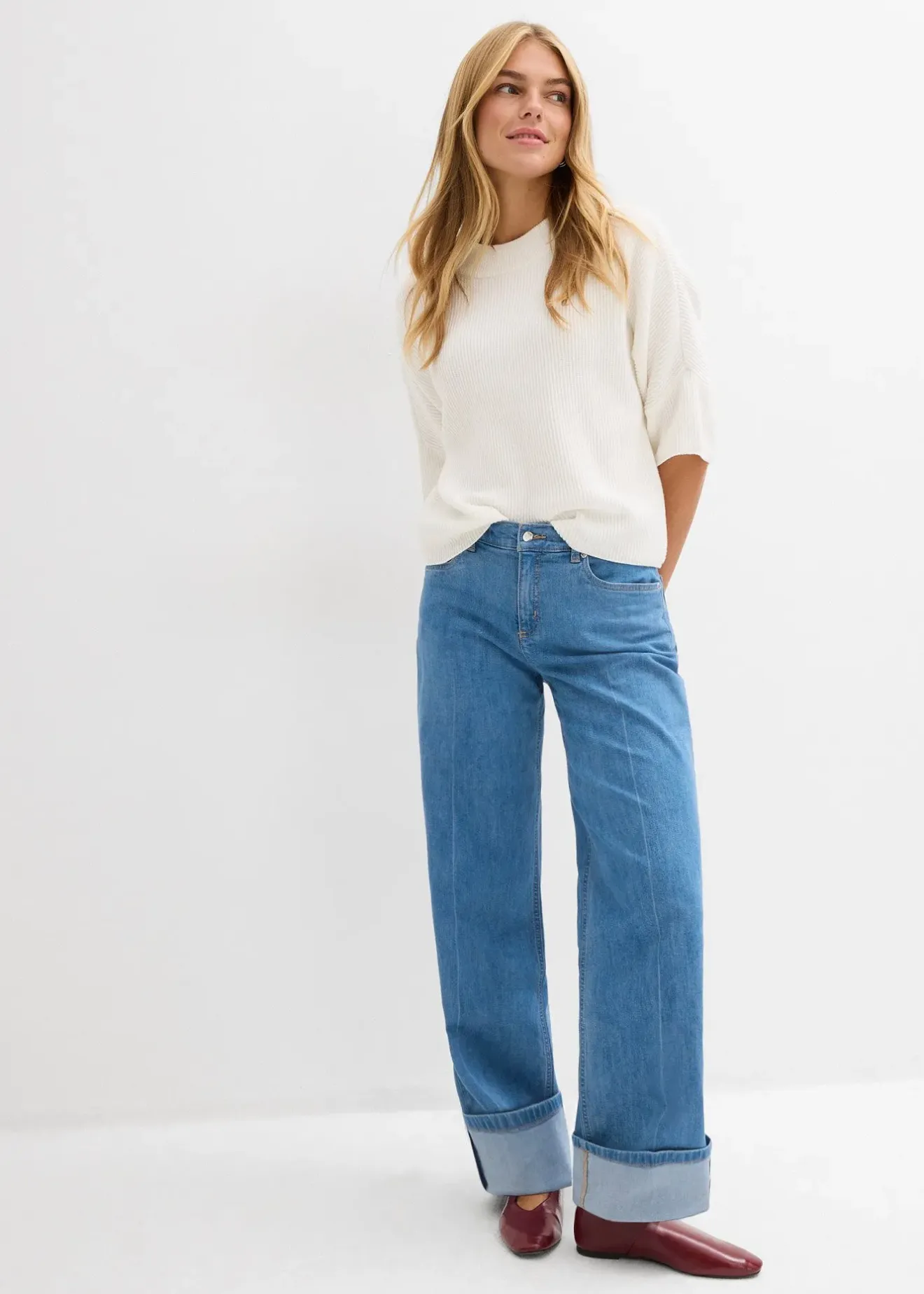 bonprix Jean droit loose taille mi-haute, long|Femme Tailles Petite