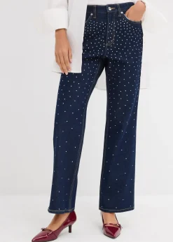 bonprix Jean droit, taille mi-haute, à strass|Femme Tailles Petite|Jeans