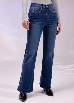 Femme bonprix Tailles Petite|Jean flare taille haute avec rivets
