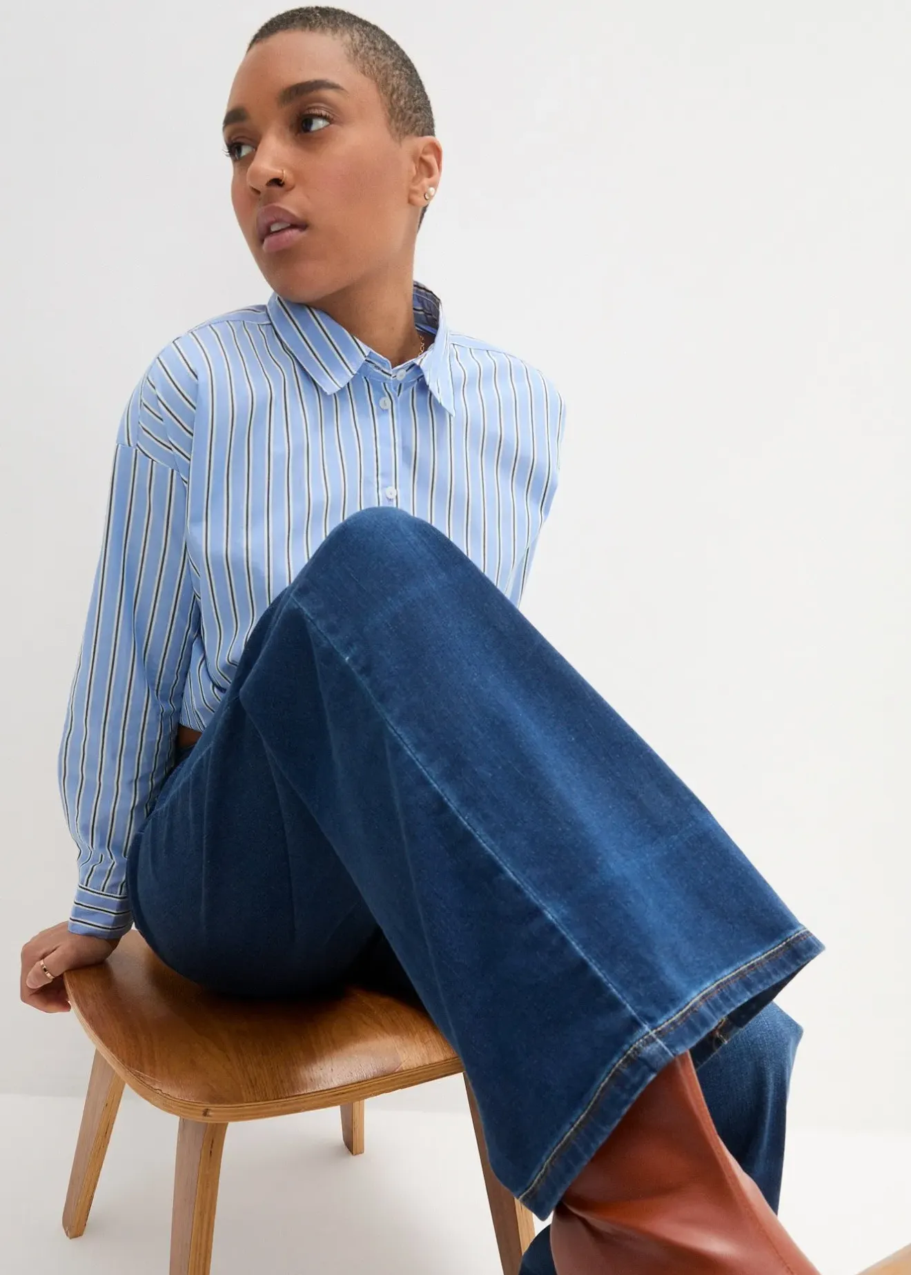 Femme bonprix Jeans|Jean large à taille mi-haute élastiquée