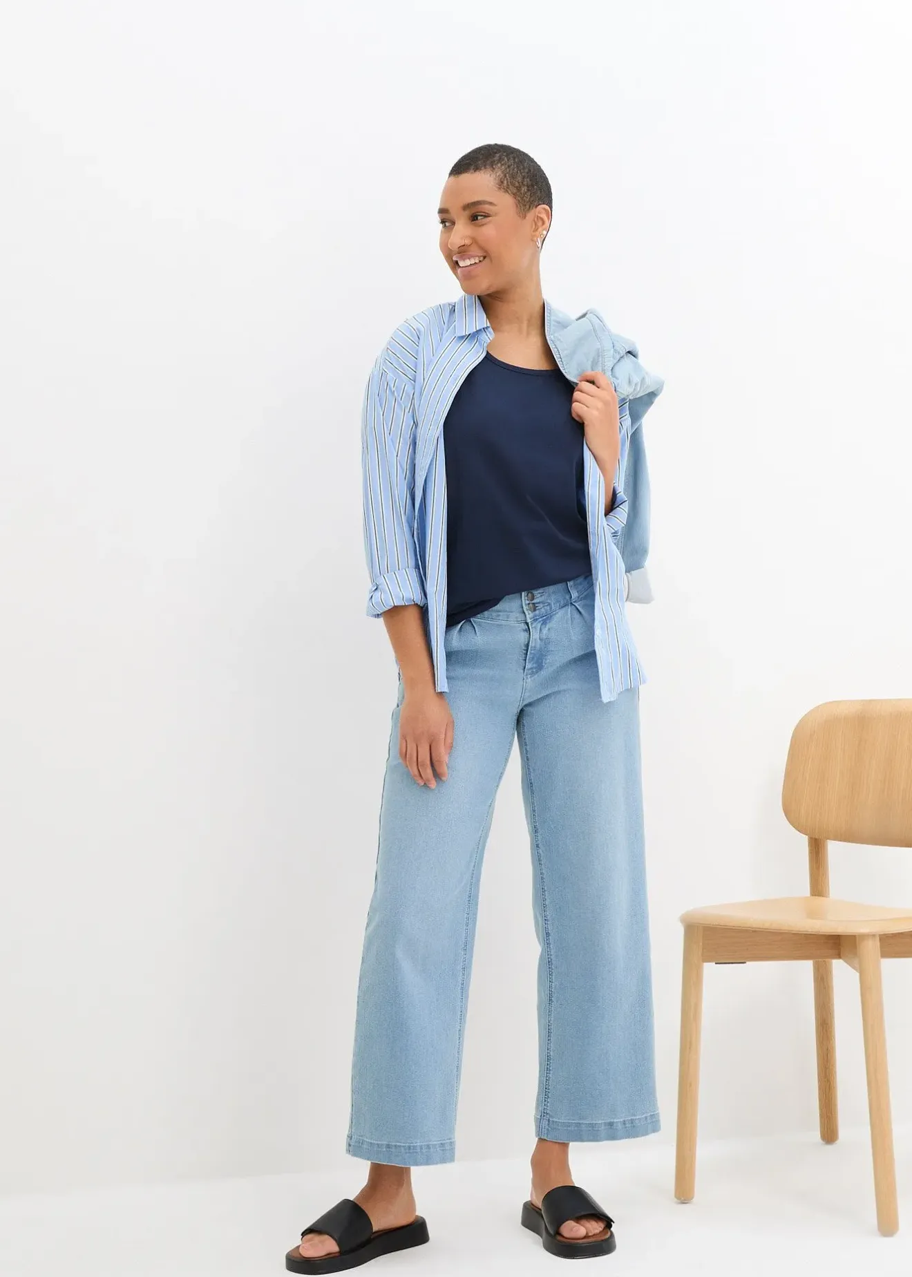 Femme bonprix Jeans|Jean large, taille haute et élastiquée